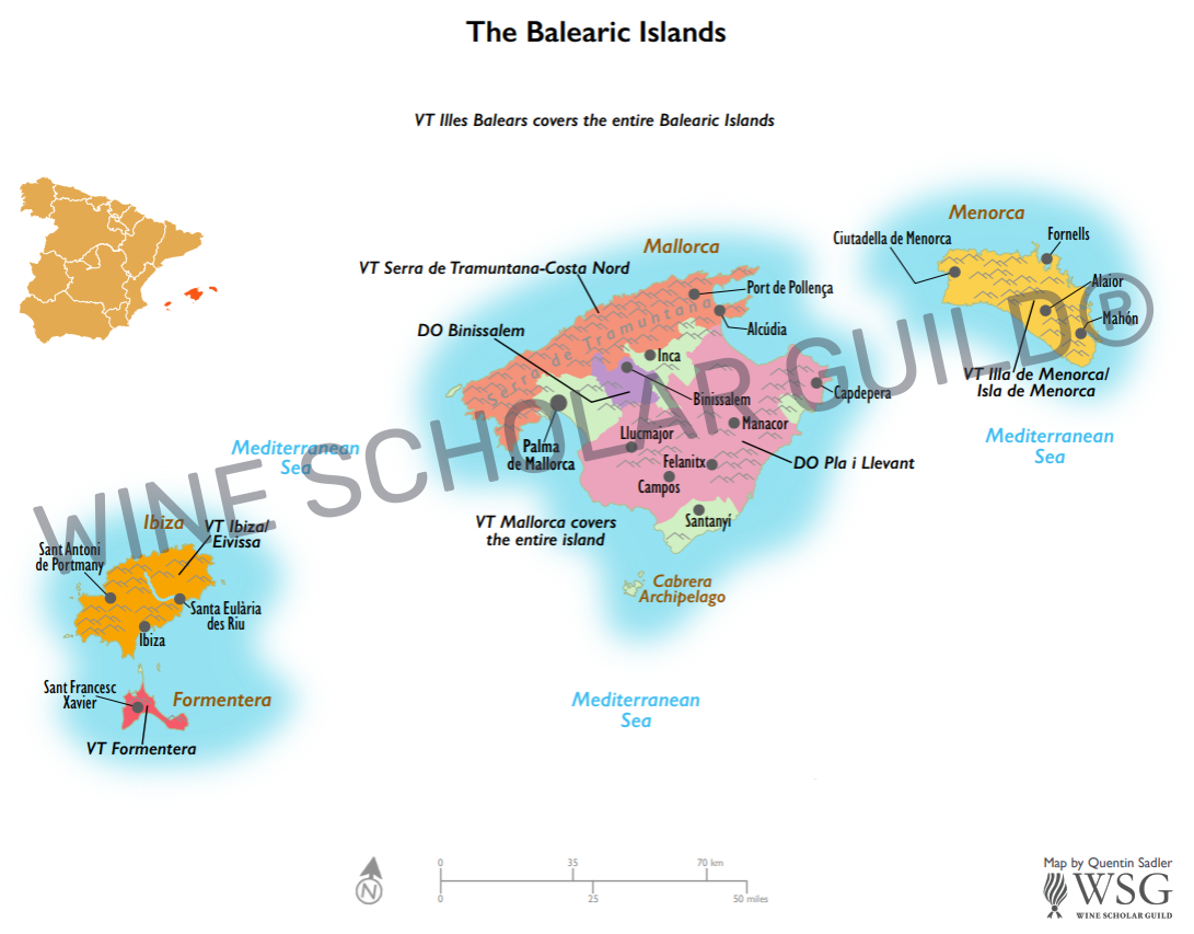 Map of the Balearic Islands showing wine appellations and island geography relevant to viticulture.