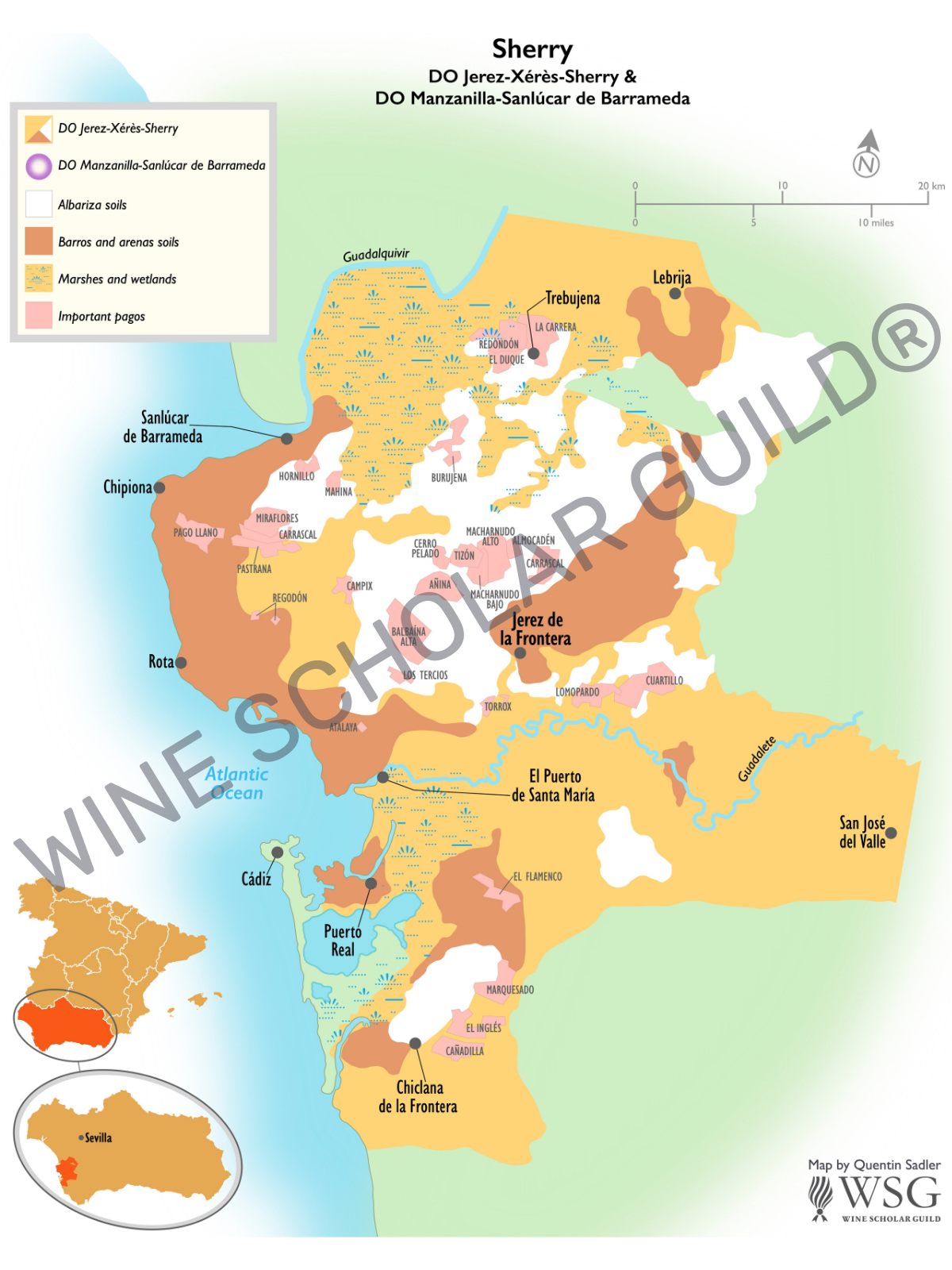 Sherry wine map showing vineyards and production zones for Jerez-Xérès-Sherry, Manzanilla Sanlúcar de Barrameda and related PDOs.