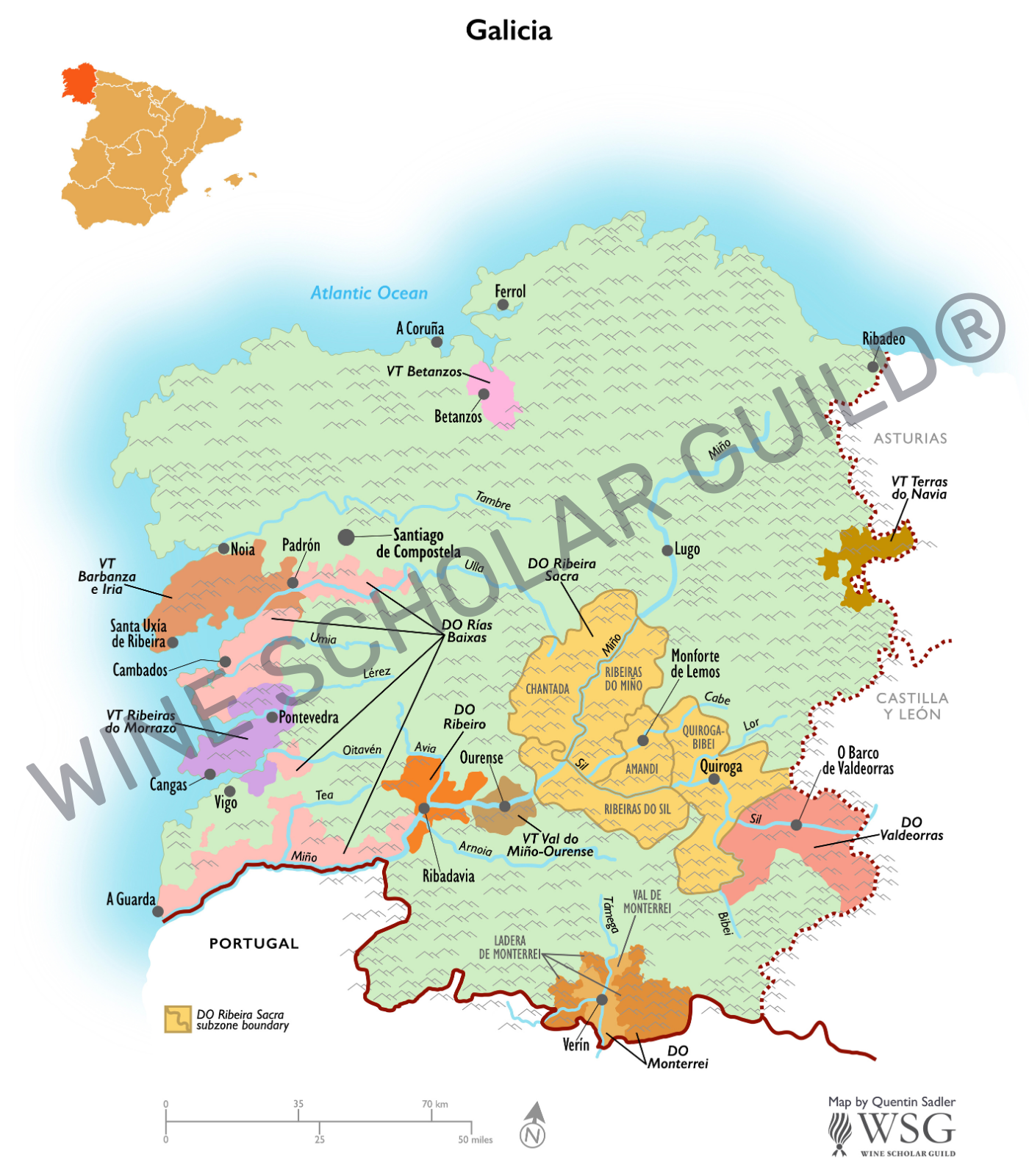 Galicia Spain Wine Map by Wine Scholar Guild Galicia wine map highlighting vineyards and DO zones.