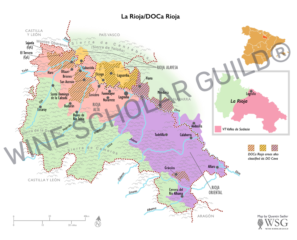 La Rioja wine map showing vineyards and subzones Rioja Alta, Rioja Alavesa and Rioja Oriental (Baja).