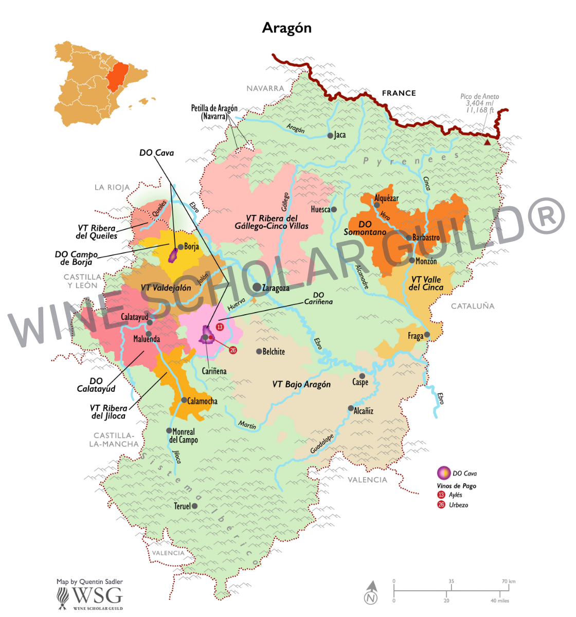Aragon Wine Map by Wine Scholar Guild Aragón wine map showing vineyards and appellations such as Cariñena, Campo de Borja, Calatayud and Somontano.