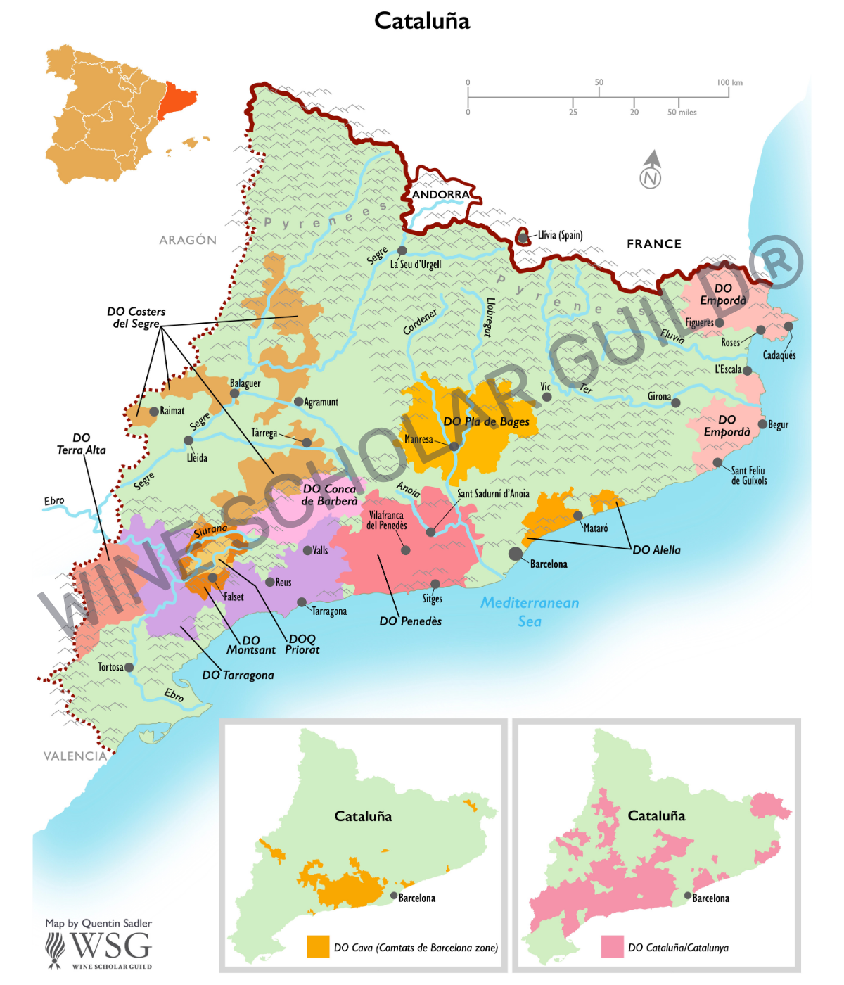 Cataluna Wine Map by Wine Scholar Guild Cataluña wine map highlighting vineyards and DO/DOCa appellations such as Priorat, Montsant, Penedès and Cava production areas.