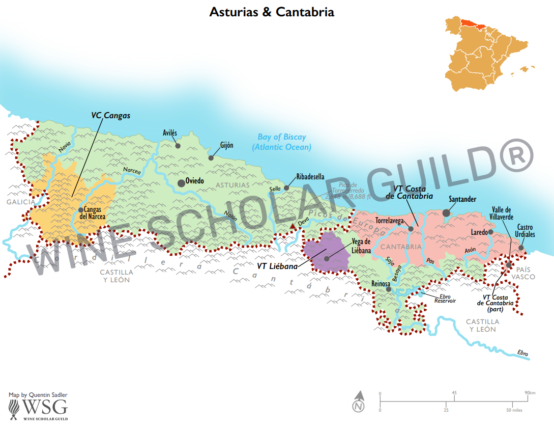 Asturias and Cantabria Wine Map by Wine Scholar Guild Map of Asturias and Cantabria highlighting wine areas along Spain’s northern coast