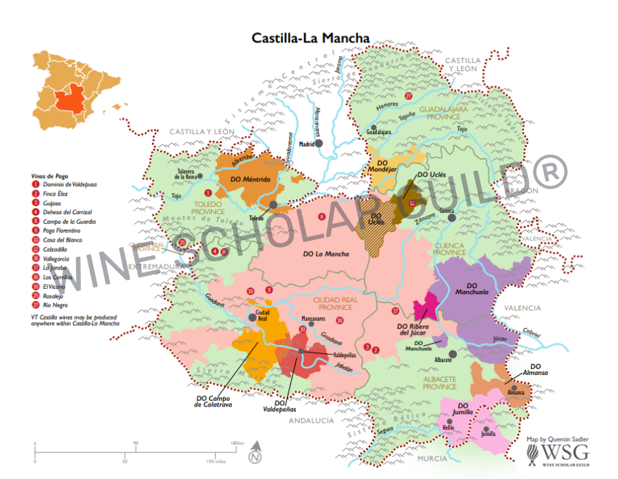 Map of Castilla-La Mancha showing major wine regions and extensive vineyard areas in central Spain. Map of Castilla-La Mancha showing major wine regions and extensive vineyard areas in central Spain.
