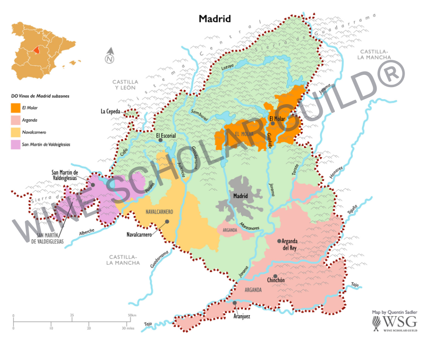 Map of the Vinos de Madrid wine region showing subzones and surrounding geographic features. Map of the Vinos de Madrid wine region showing subzones and surrounding geographic features.