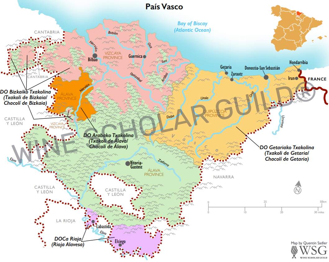 Pais Vasco Spain Wine Map by Wine Scholar Guild Map of the Basque Country showing wine regions including Getariako Txakolina, Bizkaiko Txakolina and Arabako Txakolina.