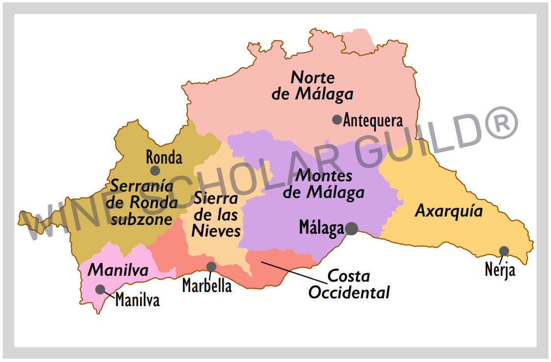 Sierras de Málaga Wine Map by Wine Scholar Guild Map of Sierras de Málaga highlighting inland, mountainous vineyard areas and elevation.