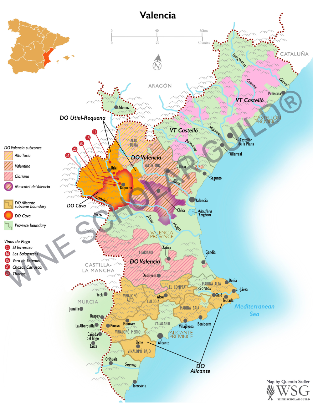 Valencia Map by Wine Scholar Guild Map of the Valencia wine region showing appellations and geographic features along Spain’s eastern Mediterranean coast.