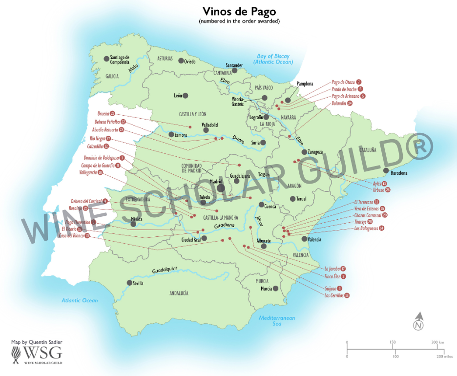Spain Wine Regions Map by Wine Scholar Guild Map of Spain highlighting Vinos de Pago wine appellations and their locations within the national wine system.