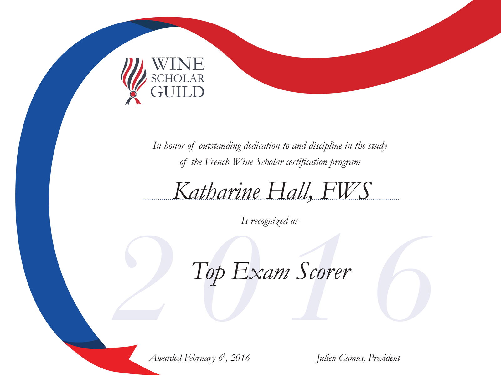 Wine Scholar Guild Top Exam Scorers for 2016